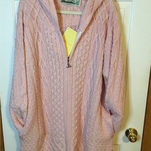Women’s Aran Crafts Pink Merino Wool Full Zip Cardigan Sz XXL